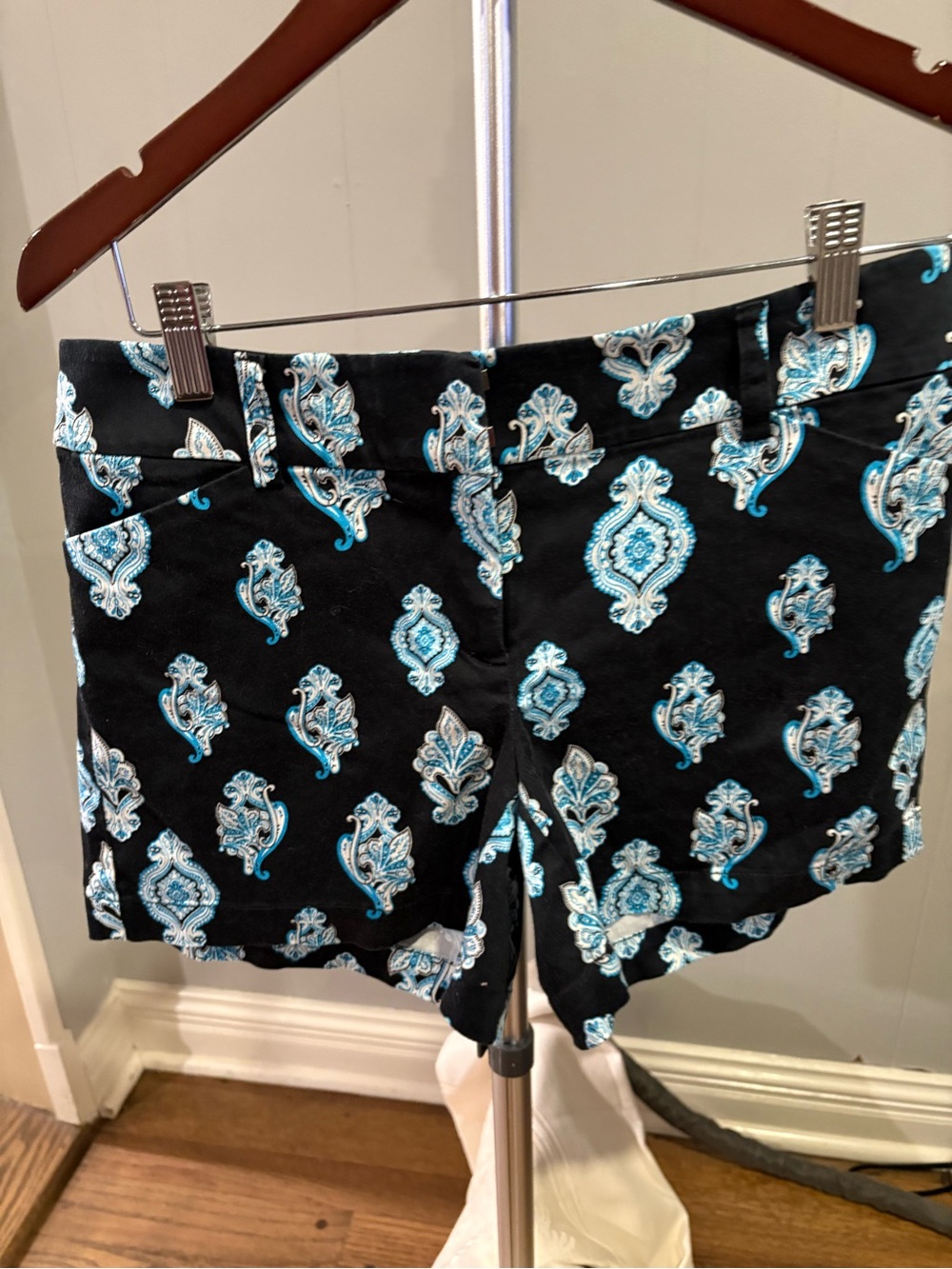 White House Black Market Black Paisley-Print High-Rise Shorts with Blue Accents